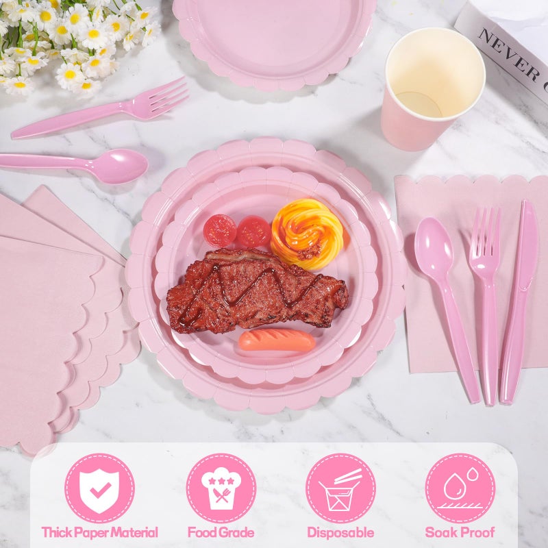 Xiangqu 175 Pcs Pink Plates and Napkins, Pink Birthday Decorations Include Scalloped Plate Napkins Cups Plastic Cutlery Disposable Dinnerware for Wedding, Bridal Baby Shower, Mother Day - Image 3