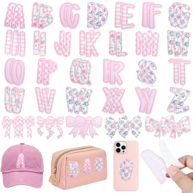 NICEVINYL Self-Adhesive Letter Patches for Kids: 62Pcs Pink Letters Fabric Stickers Patches for Bags - Cute Bows Patch Stick on Clothing Jackets Jeans Backpacks Hats DIY Accessories - Image 1