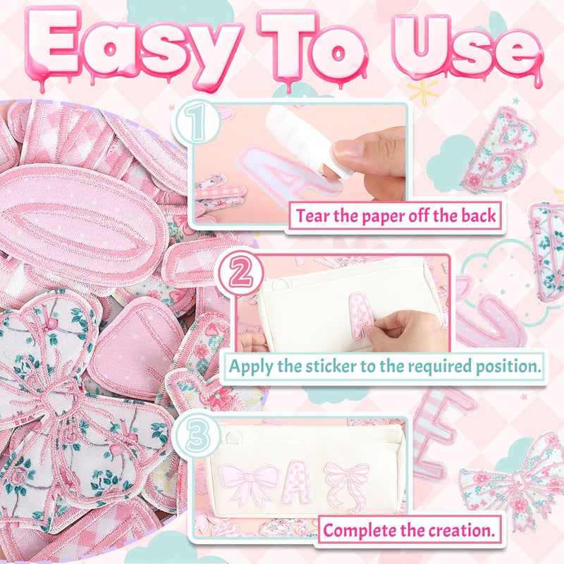 NICEVINYL Self-Adhesive Letter Patches for Kids: 62Pcs Pink Letters Fabric Stickers Patches for Bags - Cute Bows Patch Stick on Clothing Jackets Jeans Backpacks Hats DIY Accessories - Image 5