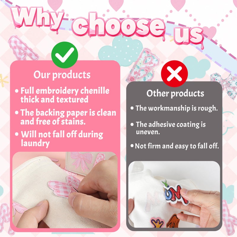 NICEVINYL Self-Adhesive Letter Patches for Kids: 62Pcs Pink Letters Fabric Stickers Patches for Bags - Cute Bows Patch Stick on Clothing Jackets Jeans Backpacks Hats DIY Accessories - Image 3