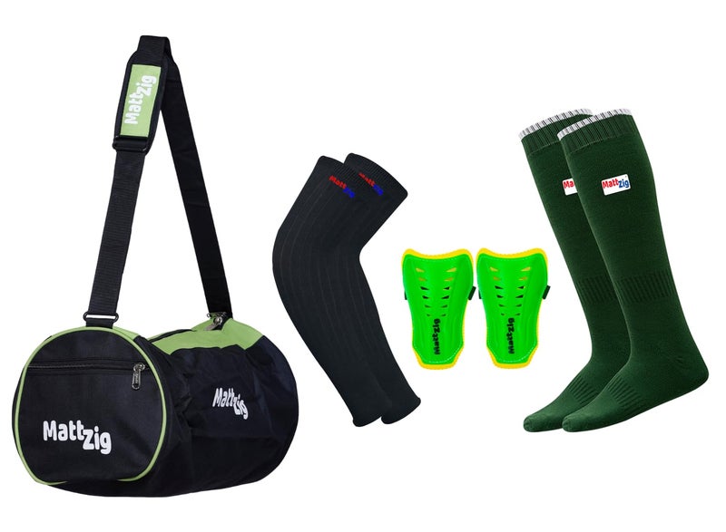 MATTZIG ® Club Football Kit (One Pair of Knee Length Poplin Socks + One Pair of Shin Guard + One Pair of Cotton Arm Sleeves + One Kit Bag) (Green) - Image 1