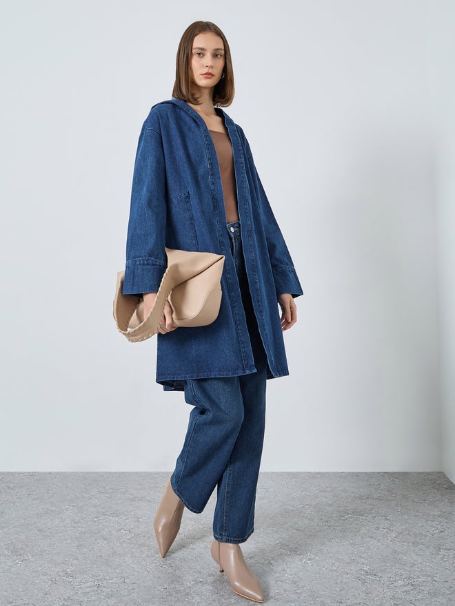Styli Blue Denim Longline Hooded Coat - Image 2