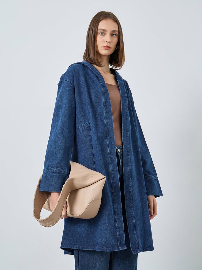 Styli Blue Denim Longline Hooded Coat - Image 1