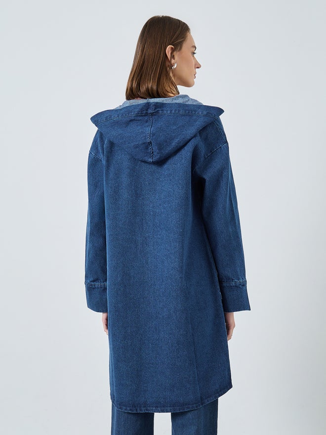 Styli Blue Denim Longline Hooded Coat - Image 4