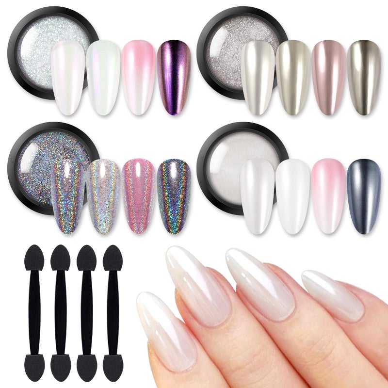 BORN PRETTY Chrome Nail PowderWhite Pearl Metallic Mirror Holographic Chrome Powder for NailsPearl Glitter Pigment Dust Kit Nail Art Decoration Sets