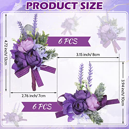 Geosar 12 Pcs Purple Wrist Corsage and Boutonniere Set for Groom Groomsmen Bride Bridesmaids Wedding Party Prom Suit Artificial Peony Flowers Decor for Women Men Homecoming Ceremony Anniversary Formal Party - Image 2