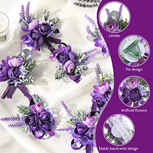 Geosar 12 Pcs Purple Wrist Corsage and Boutonniere Set for Groom Groomsmen Bride Bridesmaids Wedding Party Prom Suit Artificial Peony Flowers Decor for Women Men Homecoming Ceremony Anniversary Formal Party - Image 3