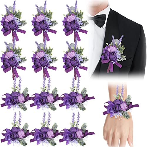 Geosar 12 Pcs Purple Wrist Corsage and Boutonniere Set for Groom Groomsmen Bride Bridesmaids Wedding Party Prom Suit Artificial Peony Flowers Decor for Women Men Homecoming Ceremony Anniversary Formal Party - Image 1