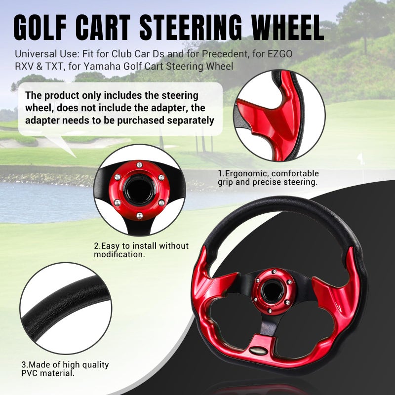 LOSCHEN Golf Cart Steering Wheel Universal Design Fit for Club Car Ds and Precedent EZGO RXV & TXT, Fit for Yamaha Golf Cart Steering Wheel-Red - Image 2