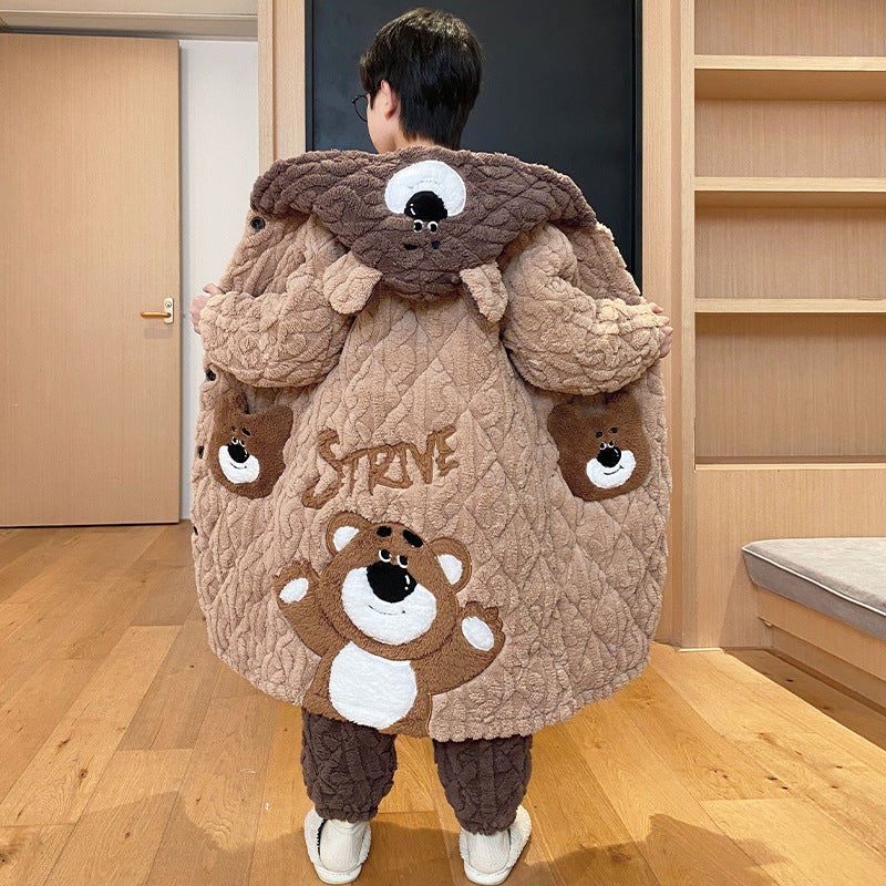 Children'S Nightgown Pajamas Boys And Boys Coral Fleece Three-Layer Quilted Home Clothes Thick Fleece Bathrobe - Image 3