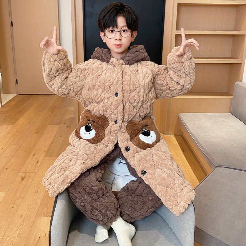 Children'S Nightgown Pajamas Boys And Boys Coral Fleece Three-Layer Quilted Home Clothes Thick Fleece Bathrobe - Image 5