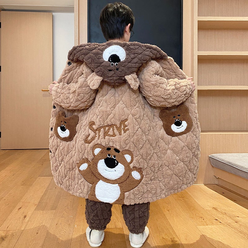 Children'S Nightgown Pajamas Boys And Boys Coral Fleece Three-Layer Quilted Home Clothes Thick Fleece Bathrobe - Image 4