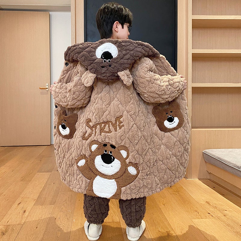 Children'S Nightgown Pajamas Boys And Boys Coral Fleece Three-Layer Quilted Home Clothes Thick Fleece Bathrobe - Image 2