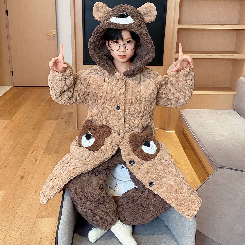 Children'S Nightgown Pajamas Boys And Boys Coral Fleece Three-Layer Quilted Home Clothes Thick Fleece Bathrobe - Image 1