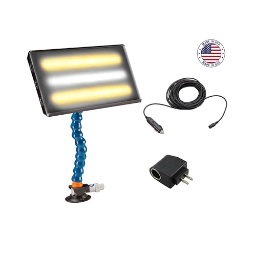 DentMagicTools.com Portable LED Light for Paintless Dent Repair – 13” Panel with Warm/Cool/Warm LED Strips – 12V with 110V Converter, Suction Base, 20ft Power Cord & Car Plug – Dent Magic PDR Tools - Image 2