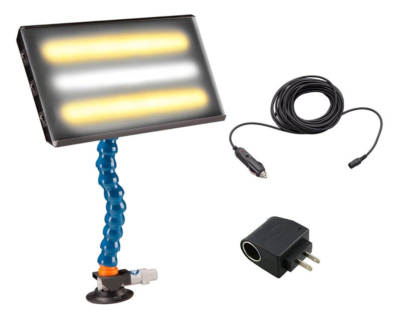 DentMagicTools.com Portable LED Light for Paintless Dent Repair – 13” Panel with Warm/Cool/Warm LED Strips – 12V with 110V Converter, Suction Base, 20ft Power Cord & Car Plug – Dent Magic PDR Tools - Image 1