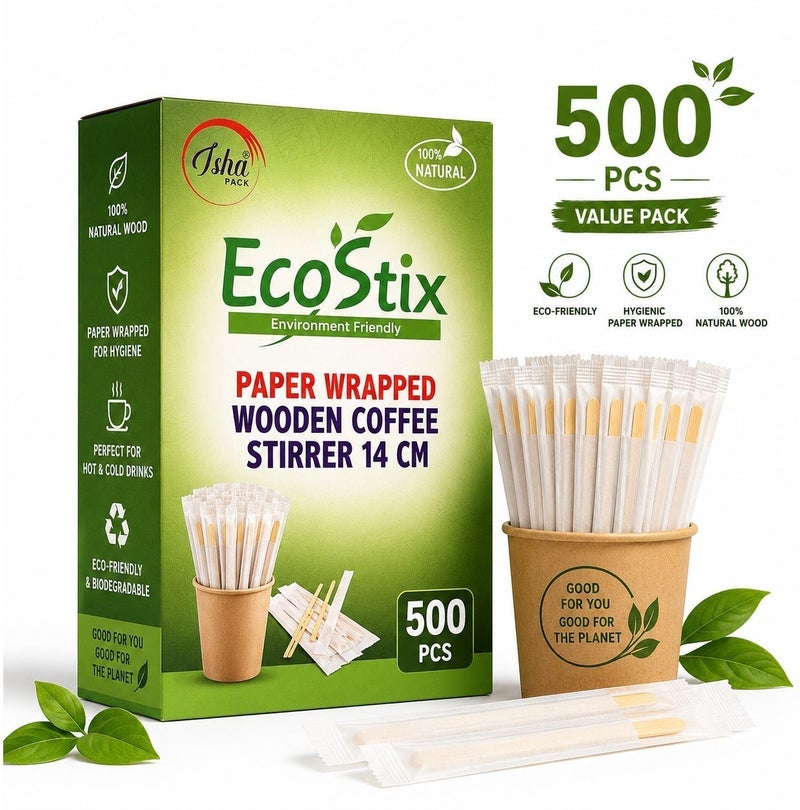 EcoStix Wood Coffee Stirrers Paper Wrapped 14cm 500PCS | Disposable Eco Friendly Beverage Stir Sticks for Tea & Coffee - Image 2