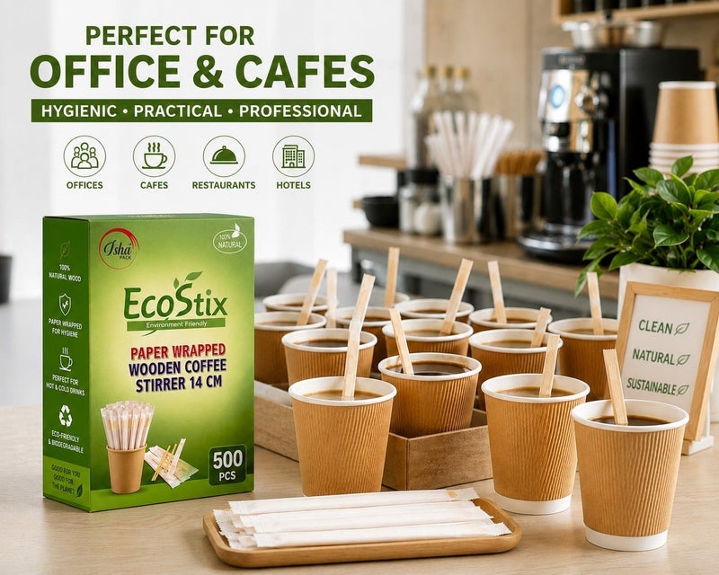EcoStix Wood Coffee Stirrers Paper Wrapped 14cm 500PCS | Disposable Eco Friendly Beverage Stir Sticks for Tea & Coffee - Image 4