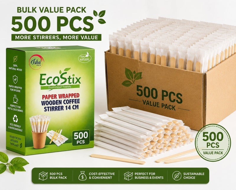 EcoStix Wood Coffee Stirrers Paper Wrapped 14cm 500PCS | Disposable Eco Friendly Beverage Stir Sticks for Tea & Coffee - Image 3