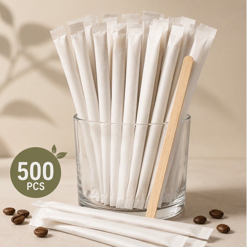 EcoStix Wood Coffee Stirrers Paper Wrapped 14cm 500PCS | Disposable Eco Friendly Beverage Stir Sticks for Tea & Coffee - Image 1