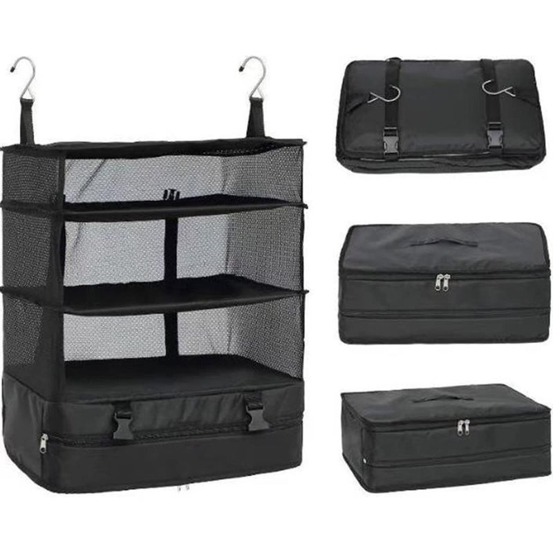 Kitwe Portable Hanging Packing Cubes XLarge Wardrobe Storage Organiser Packing Cubes for Travel with Steel Hook Storage Shelves Black - Image 1