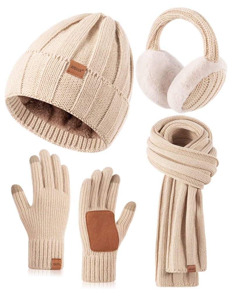 APEVAN Winter Hat Gloves Scarf Earmuffs Set for Women, Fleece Lined Beanie Long Knit Neck Scarf Touchscreen Gloves Adjustable Ear Warmer, 4 in 1 Fashionable Warm Gift Set for Cold Weather-01 Oatmeal - Image 1