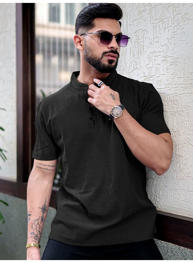 Maniac Mens solid henley neck half sleeve black cotton oversized t-shirt - Image 1