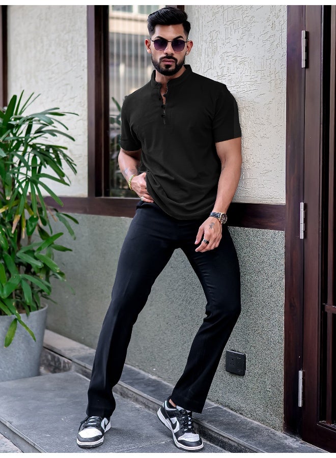 Maniac Mens solid henley neck half sleeve black cotton oversized t-shirt - Image 5