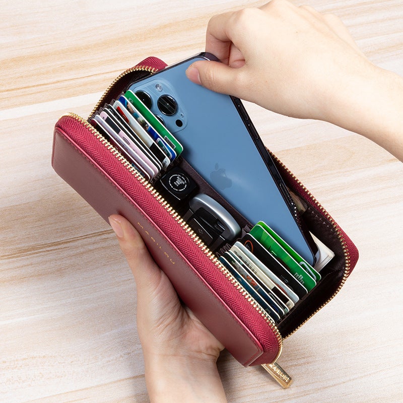 Factory direct supply leather ladies wallet anti-theft brush multi-card slot zipper card bag long large capacity multifunctional wallet Wine Red (Long Section 24 Cards) - Anti-theft Brush - Image 4