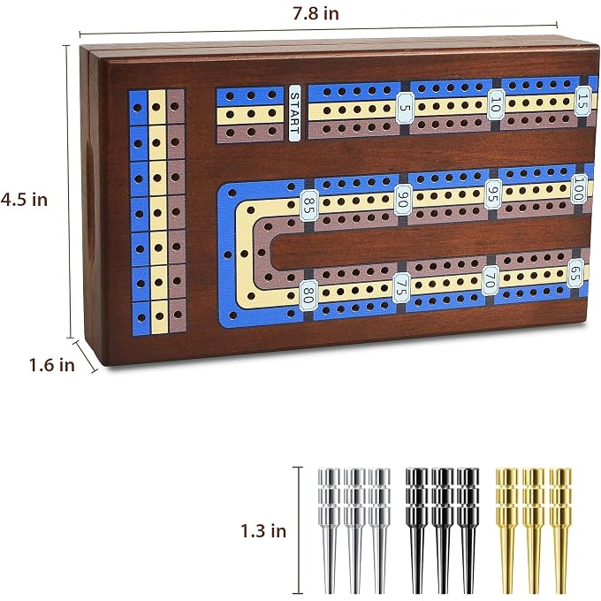 Elongdi Foldable Wooden Cribbage Board Game Set, Portable Travel 3 Track Cribbage Board with Magnetic Closure,9 Metal Pegs,A Deck of Cards - Family Board Games for Kids and Adults - Image 3