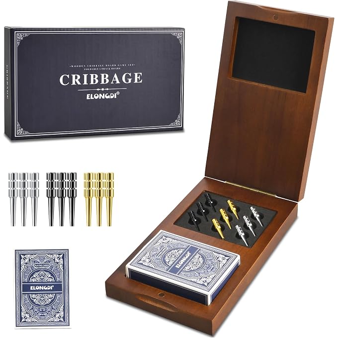 Elongdi Foldable Wooden Cribbage Board Game Set, Portable Travel 3 Track Cribbage Board with Magnetic Closure,9 Metal Pegs,A Deck of Cards - Family Board Games for Kids and Adults - Image 1