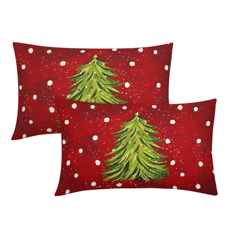 aportt Red Christmas Lumbar Pillow Covers 12X20 In Set of 2 Green Xmas Watercolor Tree Rectangular Cases Winter Holiday Pillowcase Cotton Linen Cushion Case Rustic Home Decor For Couch Porch Outdoor - Image 2