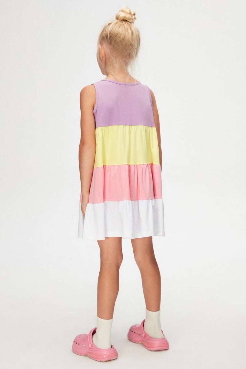 Lilac White Girl Colorful Gathered Strappy Dress