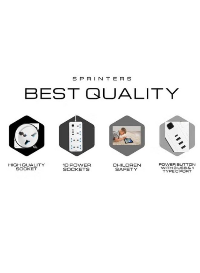 باور ماكس وصلة تمديد كهربائية باور ماكس ١٠ في ١ - شريط طاقة ٢٥٠٠ واط مع ٦ منافذ تيار متردد + ٣ منافذ USB + منفذ PD من النوع C | شحن تلقائي ٣.٤ أمبير | حماية من الكهرباء الساكنة | سلك تمديد ٥ أمتار - أبيض | يتضمن حماية من الكهرباء الساكنة وسلكًا متينًا بطول ٥٠٠٠ مم لشحن آمن وفعال - Image 2