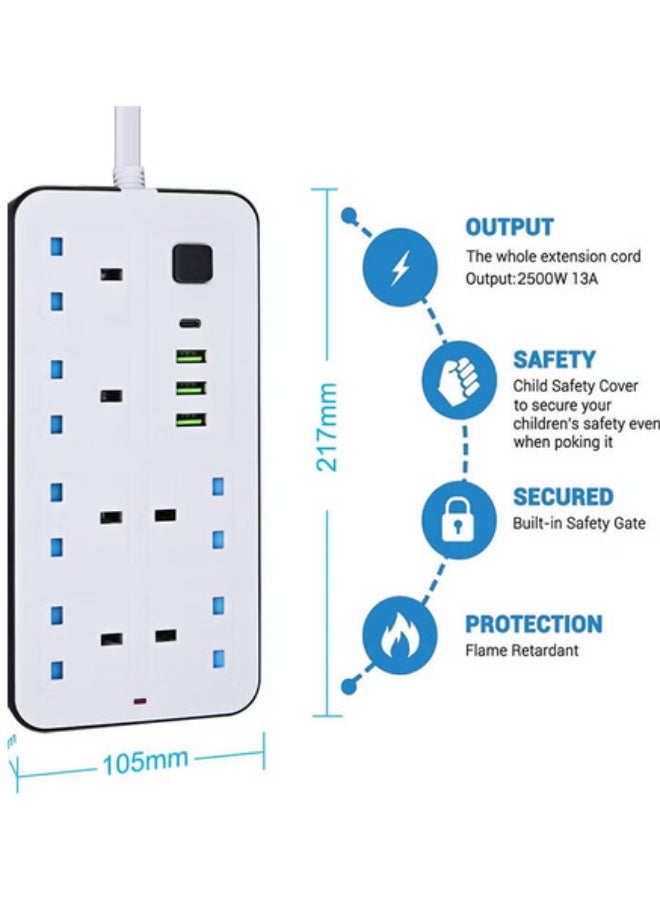 باور ماكس وصلة تمديد كهربائية باور ماكس ١٠ في ١ - شريط طاقة ٢٥٠٠ واط مع ٦ منافذ تيار متردد + ٣ منافذ USB + منفذ PD من النوع C | شحن تلقائي ٣.٤ أمبير | حماية من الكهرباء الساكنة | سلك تمديد ٥ أمتار - أبيض | يتضمن حماية من الكهرباء الساكنة وسلكًا متينًا بطول ٥٠٠٠ مم لشحن آمن وفعال - Image 3
