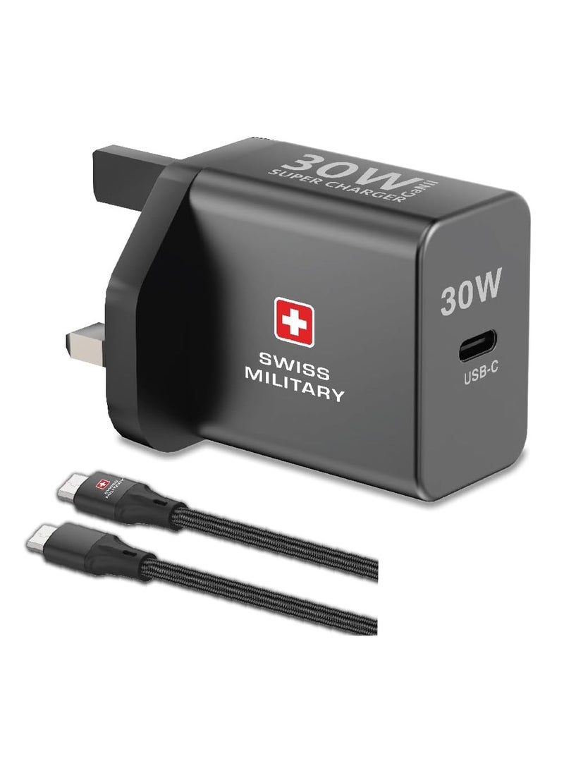 SWISS MILITARY 30W GaN II Power Delivery Ultra-Fast Compact Charger with USB-C Port and Braided Cable | Heat Resistant Design | Compatible with Tablets, iPhone,Samsung, and More | 5Yr Warranty  - Image 1