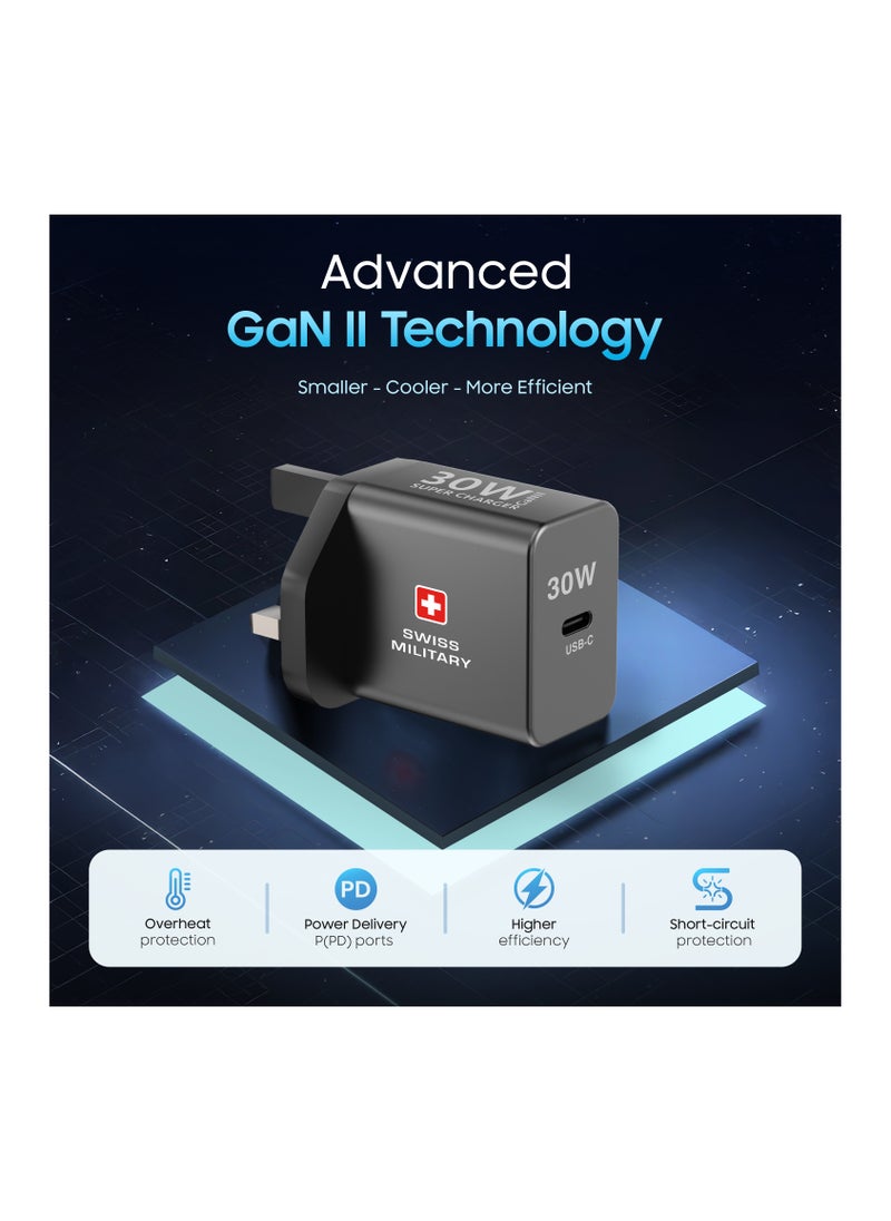 SWISS MILITARY 30W GaN II Power Delivery Ultra-Fast Compact Charger with USB-C Port and Braided Cable | Heat Resistant Design | Compatible with Tablets, iPhone,Samsung, and More | 5Yr Warranty  - Image 3