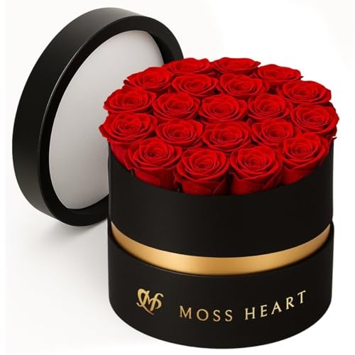 Moss Heart 20 وردة محفوظة، زهور خالدة للتوصيل في صندوق دائري مصمم، براعم صغيرة تدوم طويلاً، للنساء، باقة وردة أبدية ليوم الأم، عيد ميلاد صديقة - Image 1