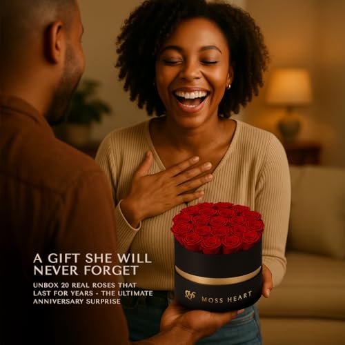 Moss Heart 20 وردة محفوظة، زهور خالدة للتوصيل في صندوق دائري مصمم، براعم صغيرة تدوم طويلاً، للنساء، باقة وردة أبدية ليوم الأم، عيد ميلاد صديقة - Image 5