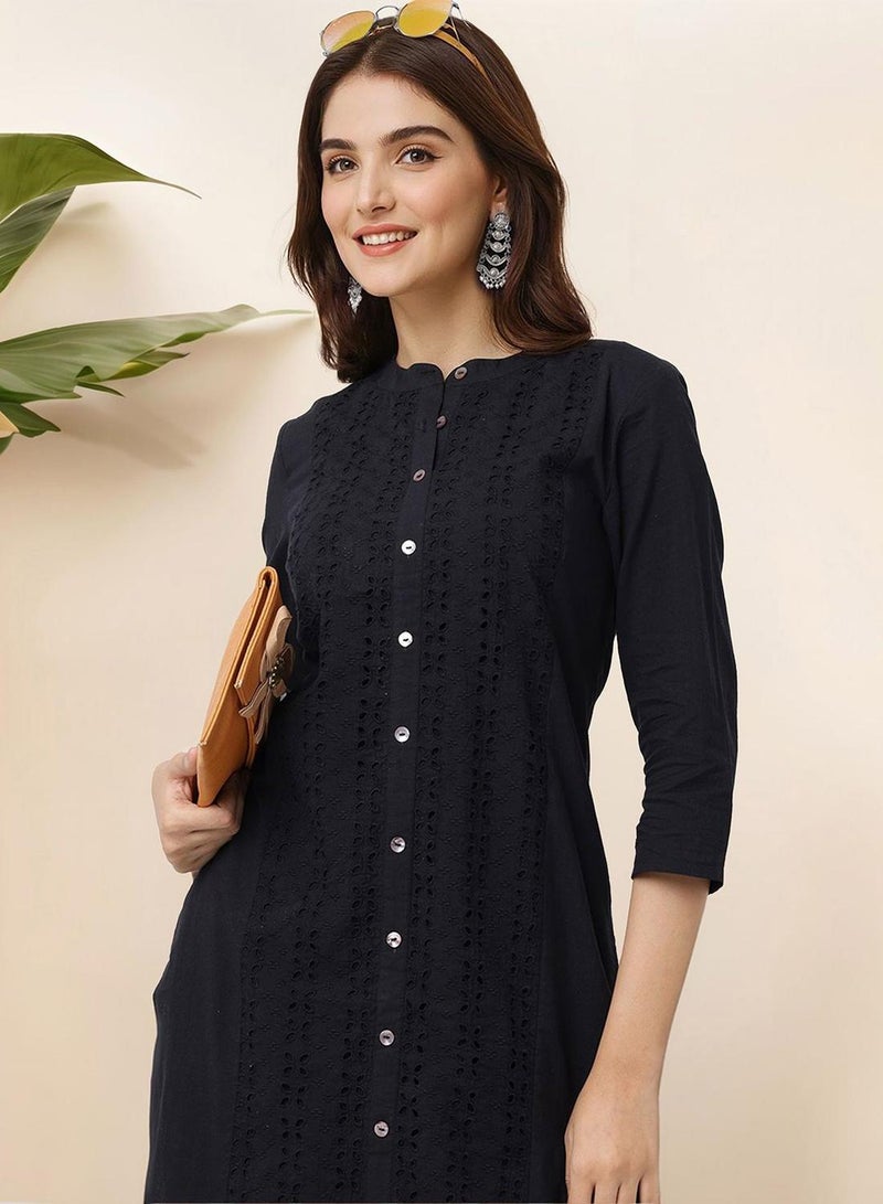ISHIN Women's Black 100% Cotton Embellished Regular Fit Kurta Set  - Image 1