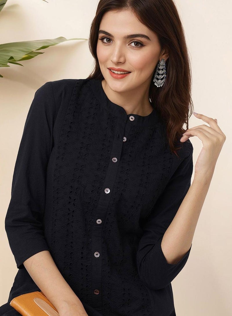ISHIN Women's Black 100% Cotton Embellished Regular Fit Kurta Set - Image 5