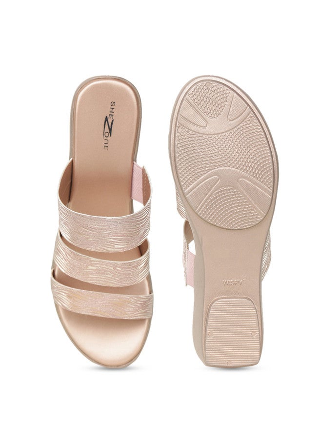 She Zone صنادل ويدج مفتوحة من الأمام باللون الوردي الذهبي للنساء - Image 4