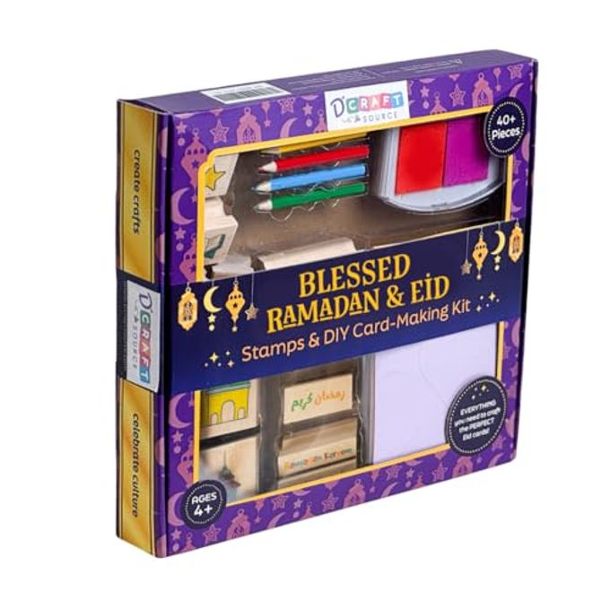 Dcraftsource Ramadan & Eid Crafts Set with Stamps DIY Card-Making Kit for Kids 40 Pieces 11 Wooden Stamps, 12 Cards & Envelopes, 5 Pencils, Dual-Color Ink Pad, Ramadan Stickers-Islamic Gifts, Ramadan Decor - Image 5