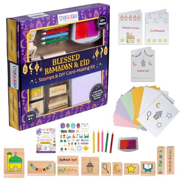 Dcraftsource Ramadan & Eid Crafts Set with Stamps DIY Card-Making Kit for Kids 40 Pieces 11 Wooden Stamps, 12 Cards & Envelopes, 5 Pencils, Dual-Color Ink Pad, Ramadan Stickers-Islamic Gifts, Ramadan Decor - Image 1