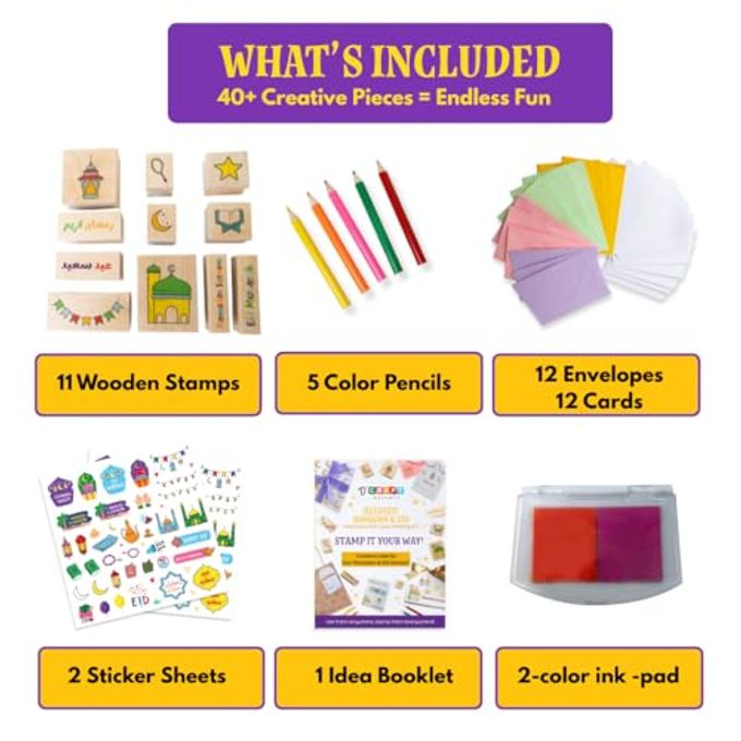 Dcraftsource Ramadan & Eid Crafts Set with Stamps DIY Card-Making Kit for Kids 40 Pieces 11 Wooden Stamps, 12 Cards & Envelopes, 5 Pencils, Dual-Color Ink Pad, Ramadan Stickers-Islamic Gifts, Ramadan Decor - Image 3