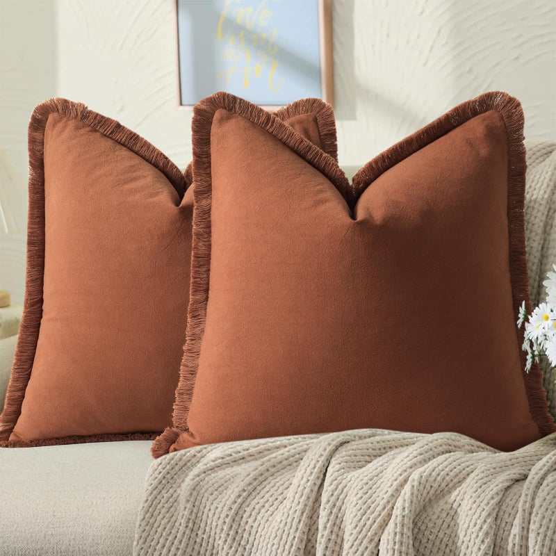 ZWJD أغطية وسائد ZWJD مقاس 18x18، طقم من قطعتين، لون صدئ، مزينة بشراشيب، قطن أنيق، أغطية وسائد مربعة للأرائك والأسرة وغرف المعيشة، ديكور ريفي بوهيمي - Image 1