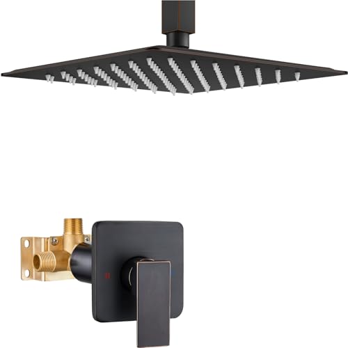 Heyalan Shower Faucet Set Square Stainless Steel Bathroom Rainfall Shower System One Handle Single Function Shower Trim Kit with Roughin Valve Male ThreadCeiling Mount10 InchOil Rubbed Bronze - Image 1