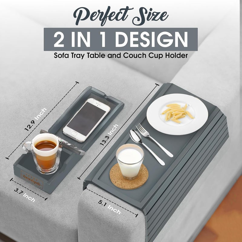 AuroraSynth Couch Cup Holder Tray with 2 Cork Coasters, Caddy, Anti-Slip Foldable Armrest Sofa Tray, Anti-Spill Holder for Remote, Snacks, Cellphone - Ideal Gift (Grey) - Image 3