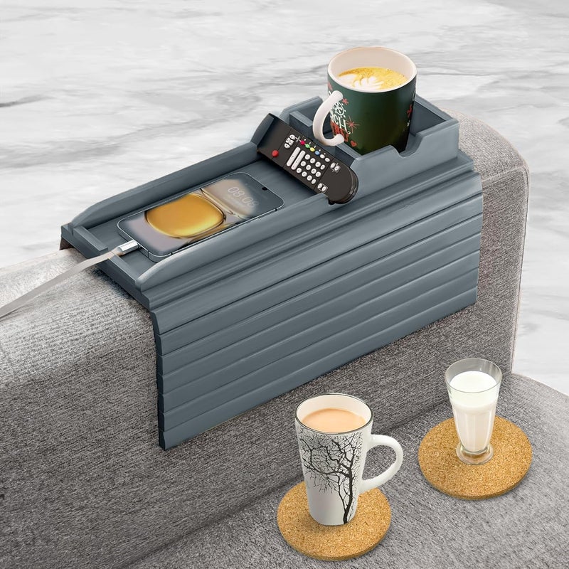 AuroraSynth Couch Cup Holder Tray with 2 Cork Coasters, Caddy, Anti-Slip Foldable Armrest Sofa Tray, Anti-Spill Holder for Remote, Snacks, Cellphone - Ideal Gift (Grey) - Image 1