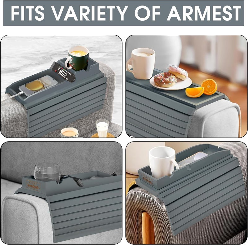 AuroraSynth Couch Cup Holder Tray with 2 Cork Coasters, Caddy, Anti-Slip Foldable Armrest Sofa Tray, Anti-Spill Holder for Remote, Snacks, Cellphone - Ideal Gift (Grey) - Image 5
